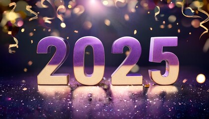 Wall Mural - Stylish New Year number 2025 in radiant purple surrounded by golden confetti and glowing bokeh. Generative AI