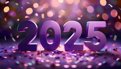 Wall Mural - Vibrant purple New Year 2025 display with confetti and a soft blur for a festive celebration. Generative AI