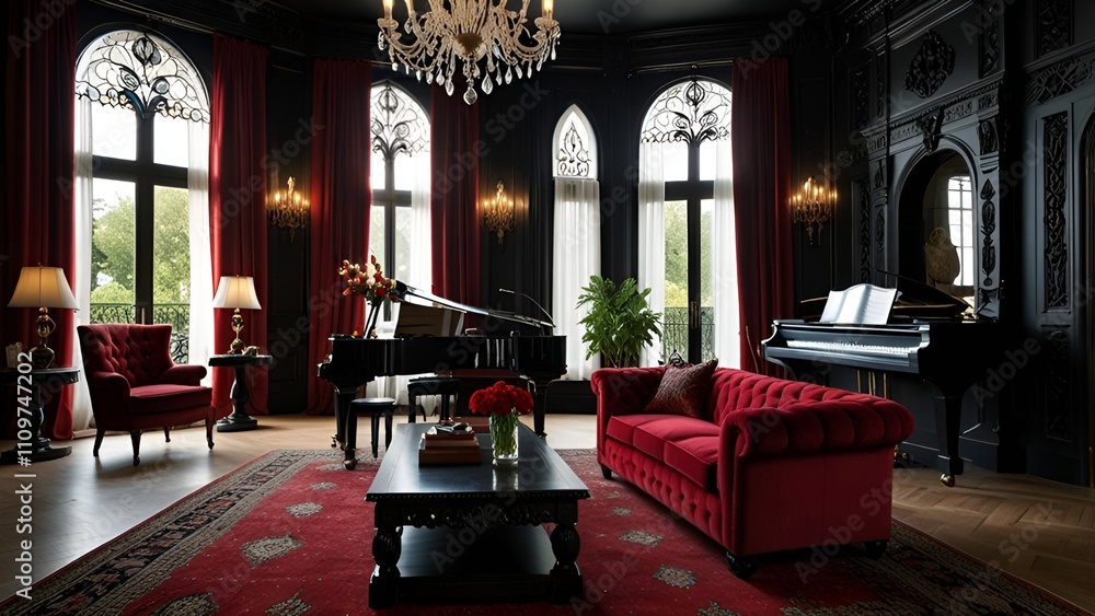 Gothic Living Room with Arched Windows and Dark Oak Paneling Moody ...