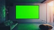 © Aisha - A small, minimalist home cinema with a green screen projected on the wall, simple furniture, no people visible, without brand logo, without text
