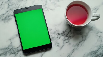 A smartphone with a green screen displayed on a modern wooden coffee table 