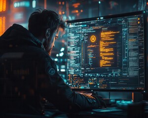 A digital ledger glowing on a futuristic monitor, a developer coding in the background, moody cinematic lighting