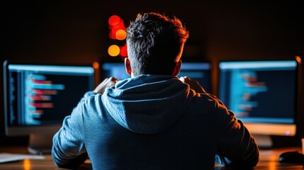 Wall Mural - focused programmer working on multiple computer screens in dimly lit room with colorful background l
