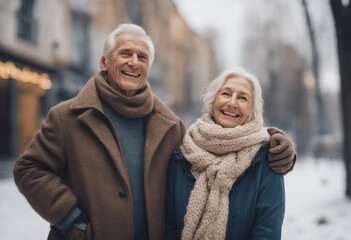 Happy senior couple wearing warm clothes smiling outdoors in winter city