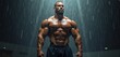 © Makaron - Powerful muscular man standing confidently under rain in a dramatic atmosphere, embodying strength and determination. Perfect for fitness, bodybuilding, and motivational themes.