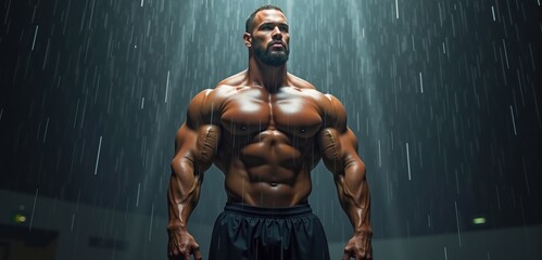 powerful muscular man standing confidently under rain in a dramatic atmosphere, embodying strength a