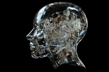 Wall Mural - futuristic glass human head with visible circuitry, symbolizing artificial intelligence and technolo