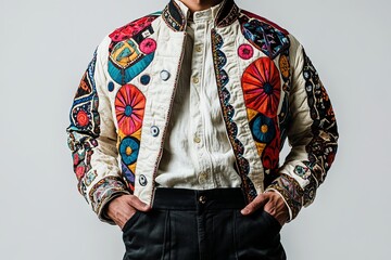 Man Wearing White Shirt with Colorful Ethnic Pattern, Modern Fashion Style