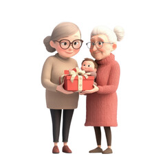 Two women happily presenting a gift with a baby doll, celebrating family bonds., isolated on a transparent background.