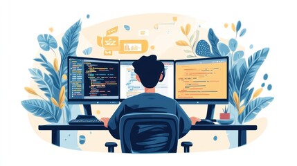 Programmer coding on triple monitors at desk.