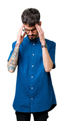 Sticker - Young handsome man wearing glasses over isolated background with hand on head for pain in head because stress. Suffering migraine.