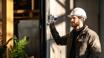 A worker wearing a hard hat is fixing a security camera on a wall in a contemporary industrial space, surrounded by natural light