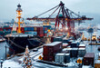 © elina - Winter shipping activity at a busy port with containers, cranes, and holiday decorations in a snowy landscape