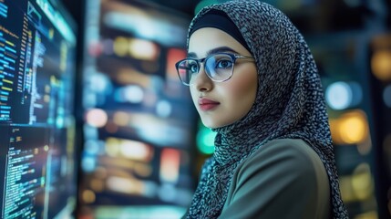 Woman in a hijab working on a computer with code displayed.
