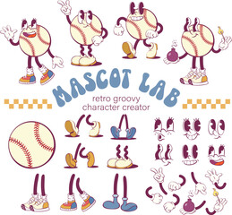 Poster - Retro  groovy baseball character creation kit, vintage mascot parts