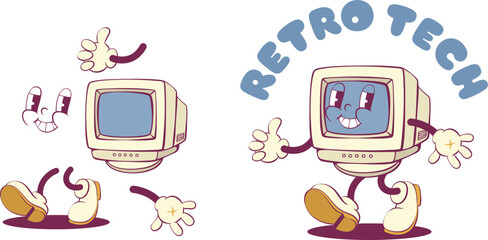 Poster - Retro computer groovy character creation kit, vintage PC mascot parts