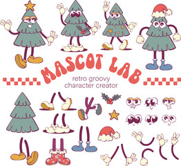Poster - Christmas tree retro groovy character creation kit, mascot parts