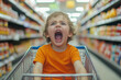 © Vector - A child in an orange shirt screams from a shopping cart in the middle of a supermarket aisle, expressing frustration or distress amidst the bustling surroundings.