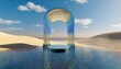 © Joey - gate glossy portal with empty podium 3d render illustration architectural composition on surreal landscape with water pedestal with abstract glass mirror shapes and nature sand