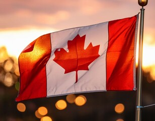 canadian flag illuminated by warm bokeh lights during a tranquil evening