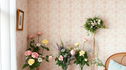 Wall Mural - Artificial flowers in vintage style creating a beautiful floral wall, home decor, indoors, arrangement