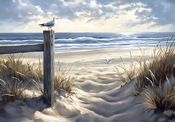 Wall Mural - Seagull Perched on Post Beach Seascape Scene