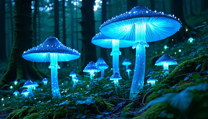 a dense forest at night with giant, glowing mushrooms casting a soft blue and green light. the fores