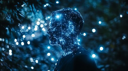 Glowing network lines form a man's head, set against a bokeh background.