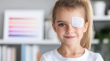 smiling young girl with eye patch in bright room