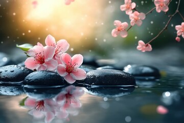 Pink cherry blossoms resting on black stones in a pond, creating a peaceful atmosphere at sunset