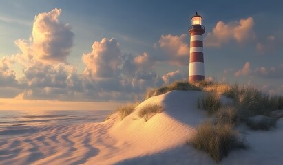 Wall Mural - Luminous Lighthouse Stands Tall On Sandy Coastal Dune