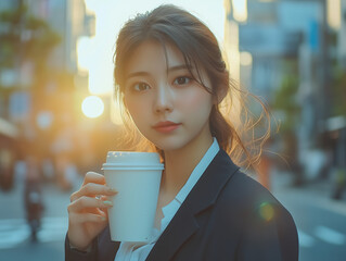 かわいい女性サラリーマンモデルが朝のコーヒーを飲もうとしている写真