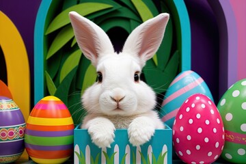 Charming White Bunny Peeks from Behind Colorful Easter Design in a Playful 3D Display