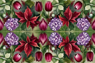 Wall Mural - Watercolor Seamless Border of Red Leaves Tulips Hydrangeas and Lilacs for Rustic Crafts and Holiday Cards