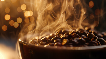 Wall Mural - A bowl of coffee beans with steam rising from them