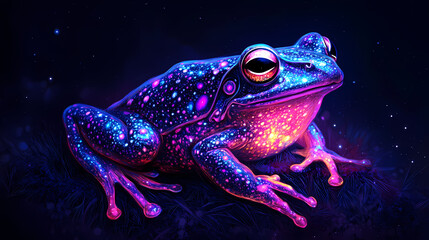 neon frog shimmering with bright purple colors glowing toad of galactic hue. shimmering. illustratio