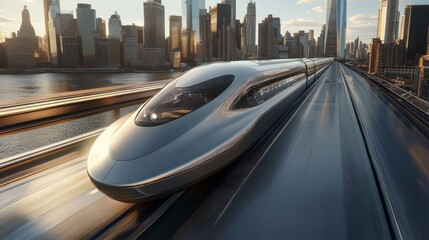 Poster - Futuristic High-Speed Train Moving on Elevated Track Near City Skyline