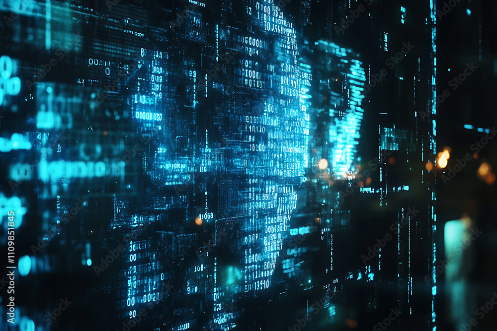 Blue digital binary data on a computer screen, creating a futuristic ...