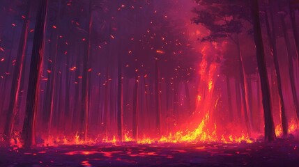 Aufkleber - Majestic Forest Fire with Fiery Flames and Dramatic Purple Sky