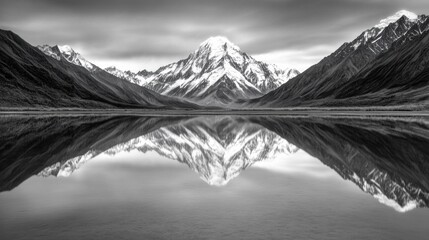 Poster - Majestic mountain reflected in a serene lake under a dramatic sky, AI