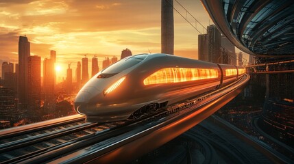 Poster - Futuristic High-Speed Train Traveling Through Urban Landscape at Sunset