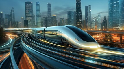 Poster - Futuristic High-Speed Train in Urban Landscape at Dawn