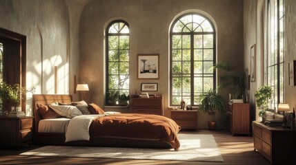 Poster - Cozy and Bright Bedroom with Natural Light and Greenery Accents