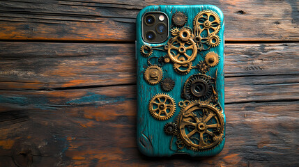 A creative turquoise phone case showcasing intricate mechanical gears and cogs against a rustic wooden background. Mechanical. Illustration