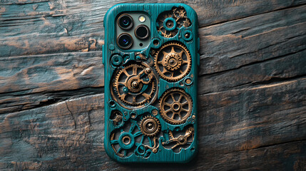 A creative turquoise phone case showcasing intricate mechanical gears and cogs against a rustic wooden background. Mechanical. Illustration