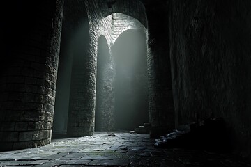 Wall Mural - A dimly lit stone corridor with arches and a mysterious atmosphere.