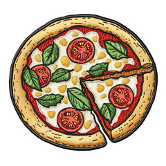 colorful embroidered patch of a pizza slice adorned with fresh ingredients