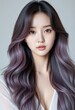 © JetHuynh - Closeup portrait of a K-pop idol with long, wavy, purple ombre hair. Her skin is flawless, makeup minimal, showcasing natural beauty and hairstyle