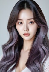 Wall Mural - Closeup portrait of a K-pop idol with long, wavy, purple ombre hair. Her skin is flawless, makeup minimal, showcasing natural beauty and hairstyle