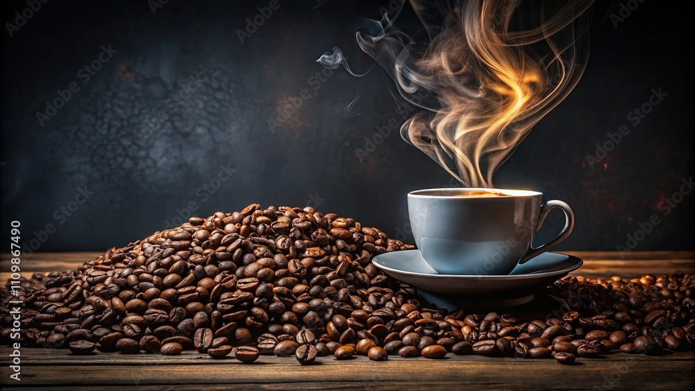 Aromatic Coffee Cup with Steam Rising Above a Mound of Roasted Beans on ...